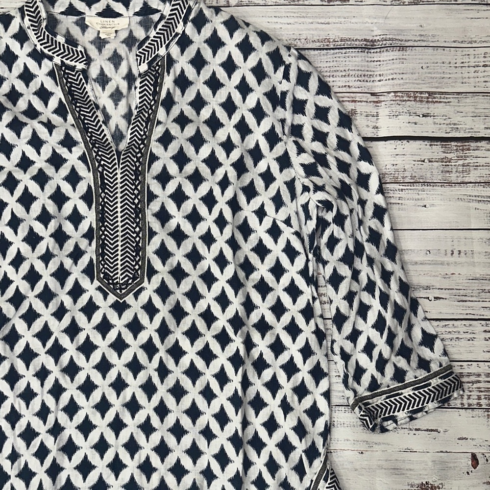 Charter Club Linen Navy and White Patterned Tunic Sz. M - Picture 4 of 9